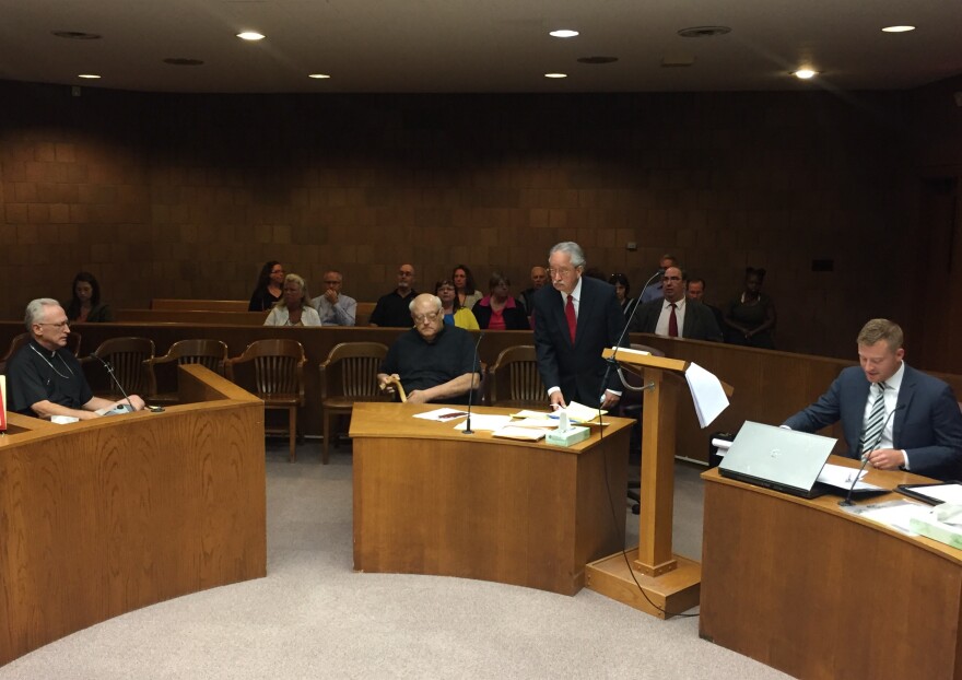 (L to R) Bishop Earl Boyea, Father Jonathan Wehrle, Attorney Lawrence Nolan, Assistant County Prosecutor Andrew Stevens.