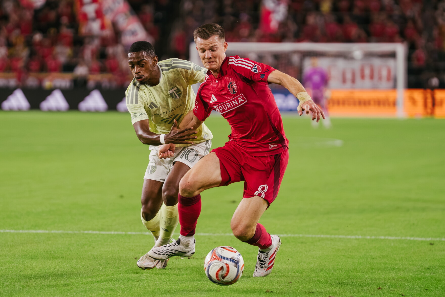 St. Louis City SC midfielder Chris Durkin (#8) battles Portland Timbers midfielder David Pereira Da Costa (#10) for possession during a match on Wednesday, Oct. 28, 2026, at Energizer Park in St. Louis’ Downtown West neighborhood.