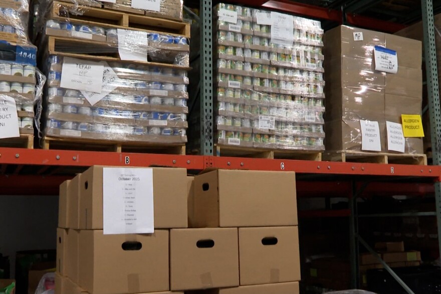 Image of food packaged in the Hoosier Hills Food bank warehouse.