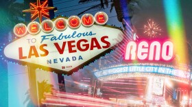 The Las Vegas and Reno signs merged together under neon lights