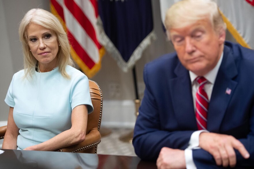 U.S. President Donald Trump sits alongside Kellyanne Conway (left), counselor to the president, during a meeting on the opioid epidemic in the Roosevelt Room of the White House in Washington, June 12, 2019. (Saul Loeb/AFP/Getty Images)