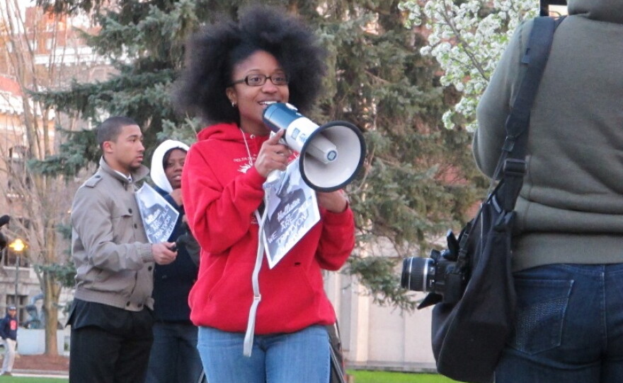 Keneshia Grant speaks at a Hoodies for Trayvon rally in the Syracuse University Quad.