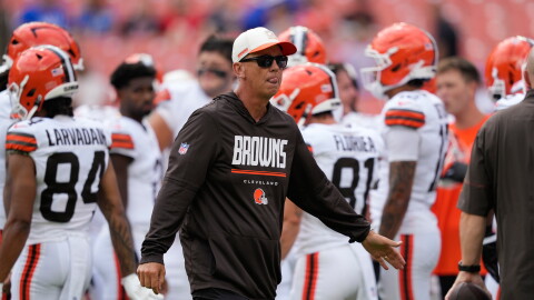 Cleveland Browns head coach Todd Monken stands on the field before a preseason NFL football game against the Buffalo Bills, Saturday, Aug. 22, 2026, in Cleveland. 