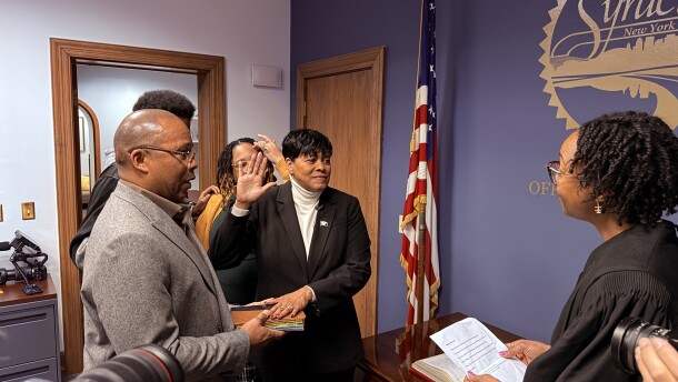 New Syracuse Mayor Sharon Owens takes the oath of office on Wednesday, December 31, 2025.