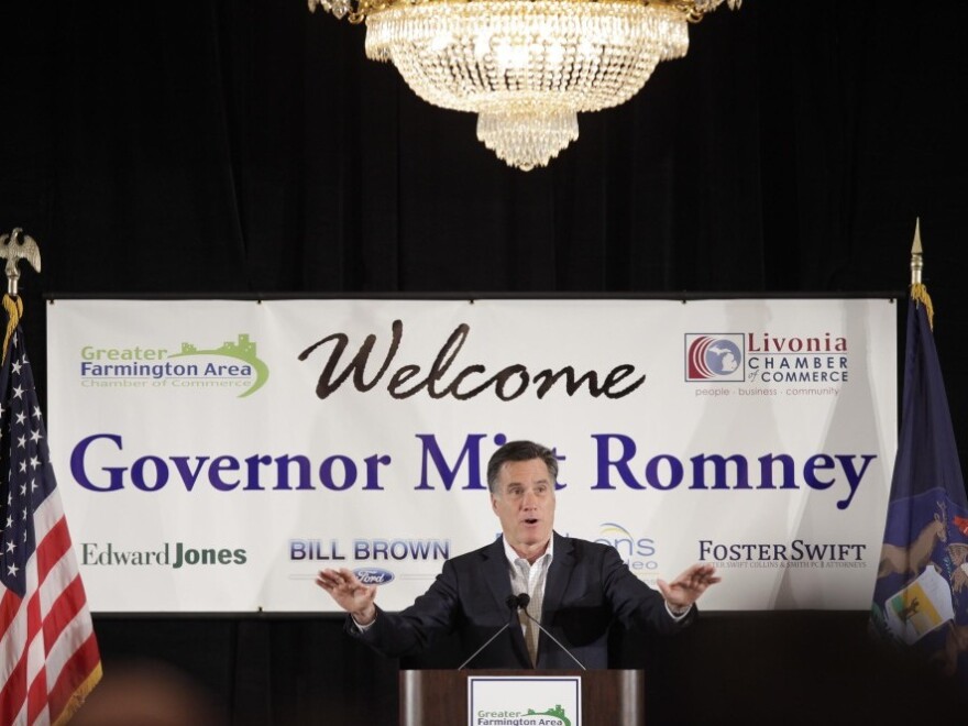 Republican presidential candidate Mitt Romney speaks to supporters on Feb. 16, 2012 in Farmington Hills, Michigan. Romney is campaigning in Michigan ahead of the state's Feb. 28 primary.