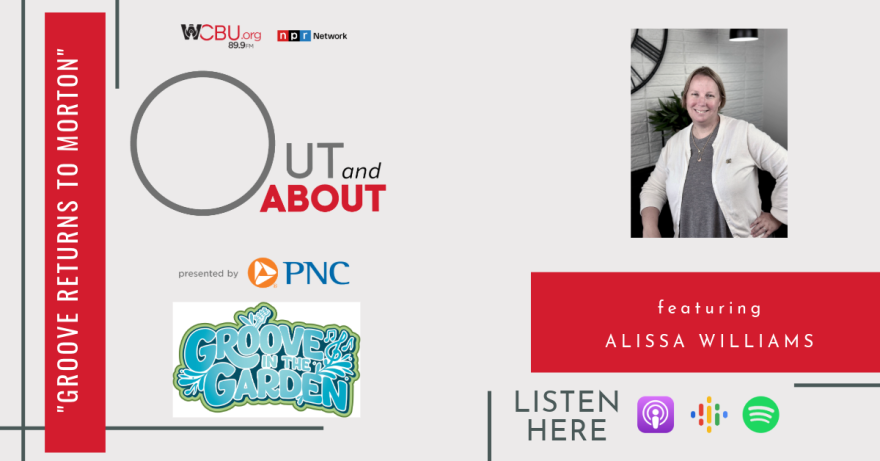 The image features a photo of this episode’s guest Alissa Williams, Director of the Morton Public Library. The image has the quote “GROOVE RETURNS TO MORTON”, with a graphic that represents the event.  As always, the graphic artwork also features an icon of the podcast’s sponsor PNC Bank as well as various podcast platforms where the Out and About podcast can be heard. 