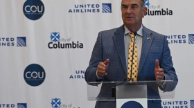 Missouri Gov. Mike Kehoe speaks during a ceremony at Columbia Regional Airport. 