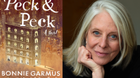 The cover of "Peck & Peck" beside author Bonnie Garmus. (Courtesy of Bonnie Garmus)