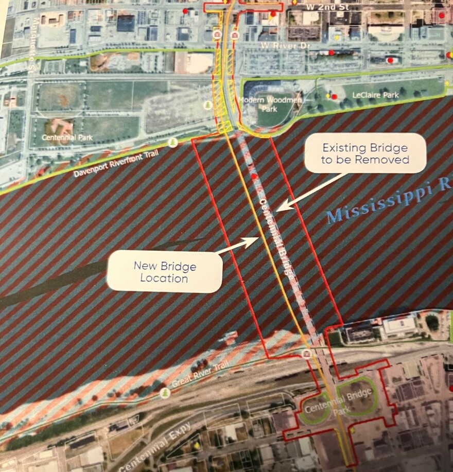 A map showing the location of a new bridge that would be built just west of the current 86-year-old Centennial, connecting downtown Davenport and Rock Island.