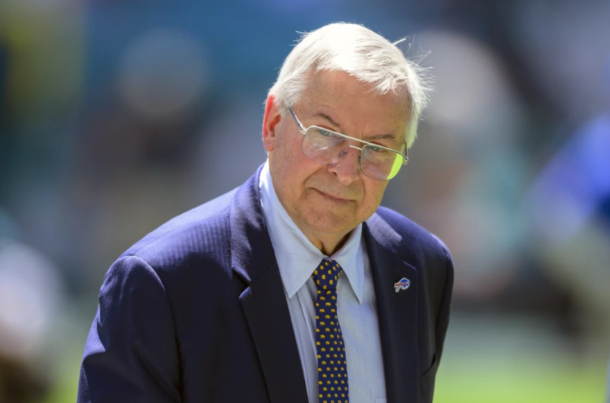 Buffalo Bills owner Terry Pegula walks on the sidelines during an NFL football game against the Miami Dolphins, Sunday, Sept. 25, 2022, in Miami Gardens, Fla.