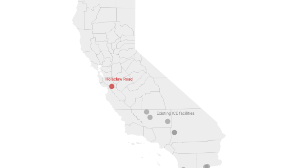 Map of California showing current ICE detention centers and the proposed facility near Gilroy. 