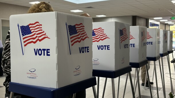A series of voting booths are shown at an early voting satellite site in Sioux City, Iowa, on October 23, 2024. (Bret Hayworth, Siouxland Public Media News)