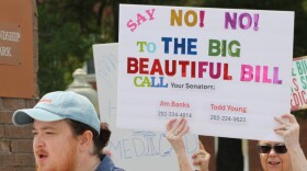 The grassroots organization Lawrence County Deserves Better put together the rally in Mitchell, Indiana, on Saturday, May 31, 2025. Organizers said cuts to SNAP, Medicaid and Medicare exacerbate the rural community's care and food deserts.