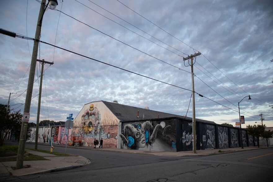 Murals installed by Wall\Therapy over the past decade cover the walls of a warehouse complex at Greenleaf Street and Atlantic Avenue.