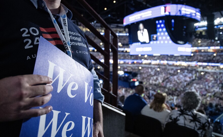 Delegates on the first night of the Democratic National Convention in Chicago, Illinois, on Monday, Aug. 19, 2024.