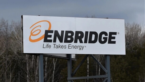 An Enbridge Energy sign near the route of Line 5 before it enters the Straits of Mackinac.