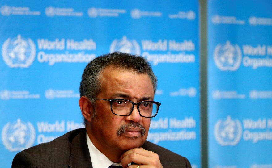 The World Health Organization's Tedros Adhanom Ghebreyesus, here at a press conference earlier this year, gave his reaction Monday to President Trump's declaration about funding the agency. Tedros said he learned of Trump's decision from the president's briefing.