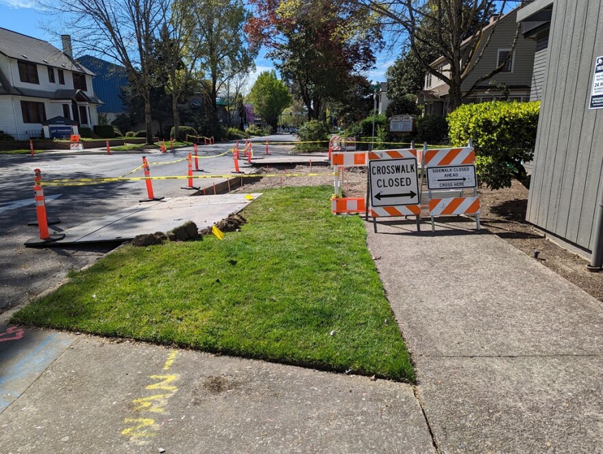 Work is underway on Pearl Street near downtown Eugene.