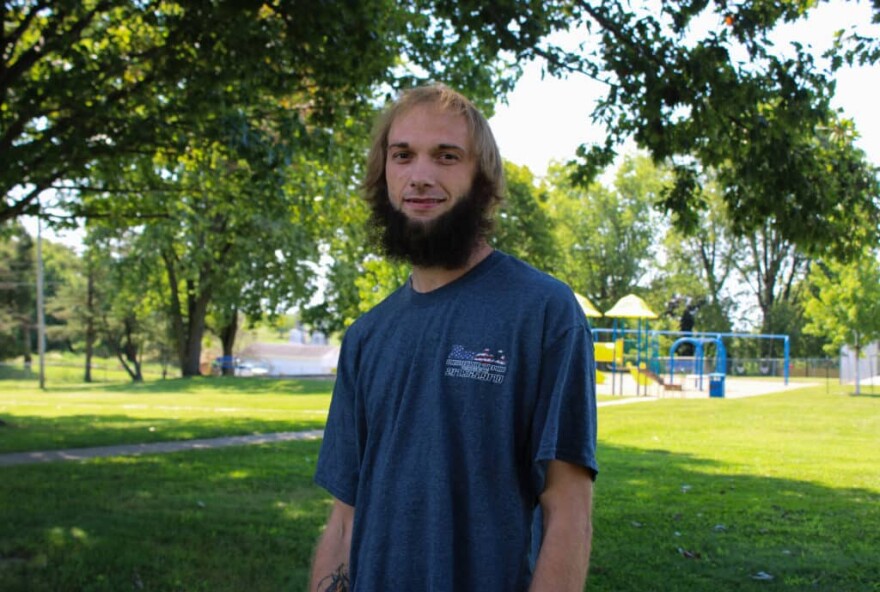 Kyle Adkins stands in a park in Mechanicsburg, Illinois, a small village east of Springfield in Sangamon County. Adkins said he was arrested by Kincaid Police on charges with no evidence.