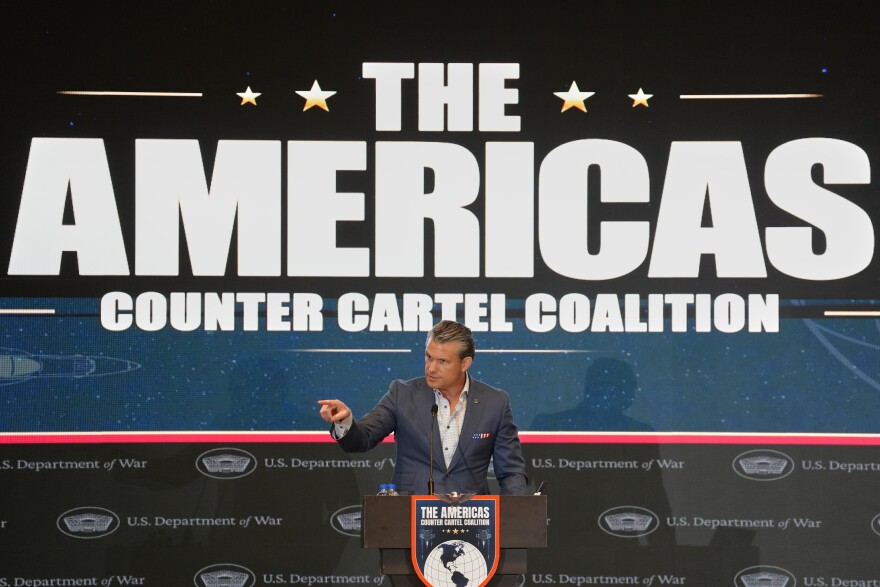 U.S. Defense Secretary Pete Hegseth speaks at a forum of The Americas Counter Cartel Coalition in Panama City, Wednesday, Aug. 12, 2026.