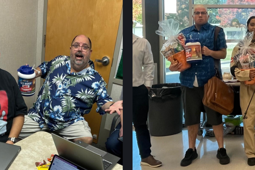 Madera Community College communications director Cory Burkarth, right, is believed to have dressed as professor Todd Kandarian, left, during a Halloween party at Madera Community College on Oct. 31.