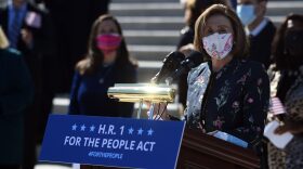 Speaker of the House Nancy Pelosi, Democrat of California, speaks at an event on the steps of the US Capitol  for the "For The People Act of 2021" in Washington, DC.