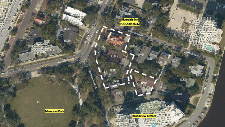 This marked aerial image shows the proposed development area near Memorial Park.