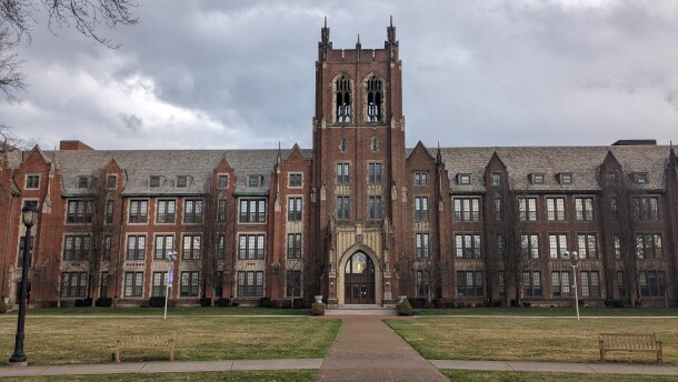 The main administration building at Notre Dame College's campus in South Euclid.