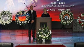 Jeff and Renee Bennett spoke about their son during the Feb. 23 funeral for Arizona Department of Public Safety trooper Hunter Bennett in Gilbert.