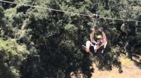 A rider on one of the three ziplines at Highline Adventures in the Santa Ynez Valley. The final zipline allows riders to hit speeds of more than 50 miles an hour.