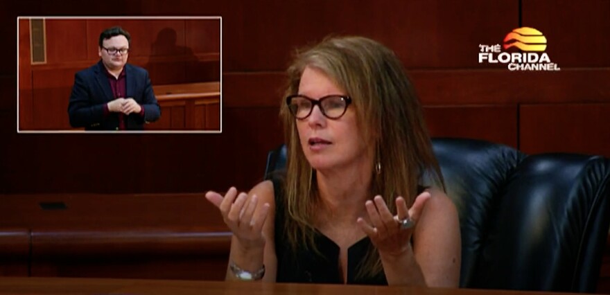 The Agency for Health Care Administration Secretary Mary Mayhew speaks at a press conference in Tallahassee on July 21, 2020.