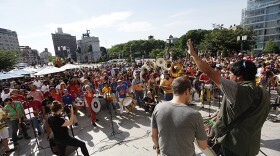 About 350 musicians and even more spectators gather on the steps of the Brooklyn Public Library at Grand Army Plaza in Brooklyn, N.Y., on Saturday as part of Make Music New York. The music reverberated blocks away, around the entrance to Prospect Park, the Grand Army Plaza Greenmarket, and along some of the busiest thoroughfares in the borough.