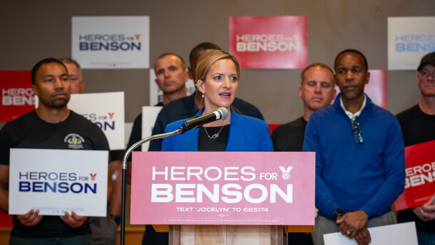 Jocelyn Benson, the Democratic candidate for Michigan governor, speaks at an event where she was endorsed by several veterans and emergency workers. Republican John James, her leading opponent, also boats endorsements by key groups representing first responders.