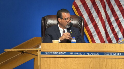 Superintendent Rafael Villalobos at Wednesday's school board meeting and budget hearing, his firsts as chief.
