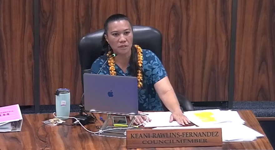 Maui County Councilmember Keani Rawlins-Fernandez speaks during a Housing and Land Use Committee meeting on July 24, 2025.