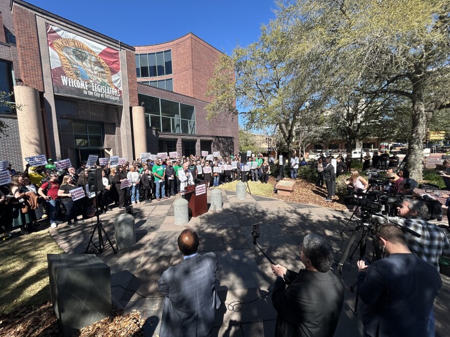 Public worker union representatives rallied against the legislation at a press conference near the Florida Capitol on Monday, March 2, 2026.