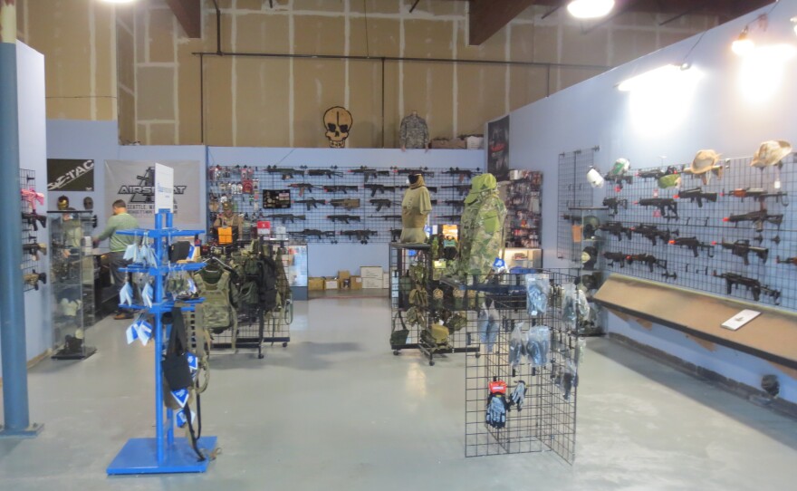 Airsoft guns and accessories line the walls of AirSplat, a local retail store.