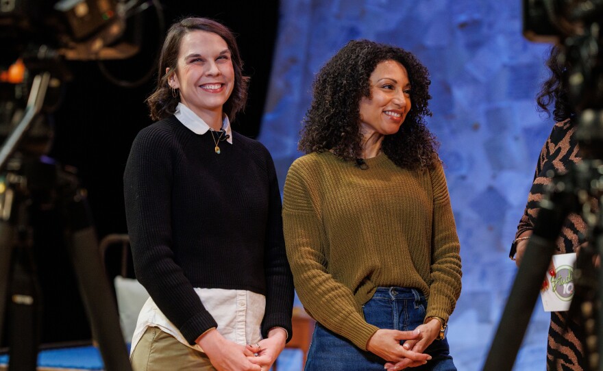 Hannah Ryan, left, directs Sabrina Sloan, right, in "Sally: A Solo Play," at the Wharton Center in East Lansing, Mich., on Feb. 10, 2026. The show is making its world premiere Feb. 19, 2026.