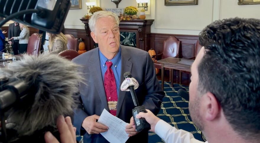 Executive Councilor Dave Wheeler, a Milford Republican, speaks to reporters after a Council meeting, Oct. 15, 2025.