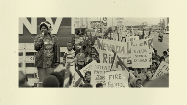 Ruby Duncan speaks to a crowd of welfare rights protestors. 