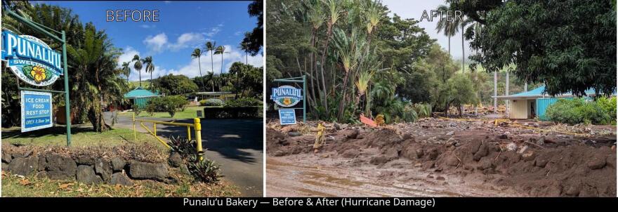 Before-and-after photos taken on Aug. 17, 2026 show the extent of the storm damage suffered by Punaluʻu Bakery on Hawaiʻi Island after Hurricane Lala.