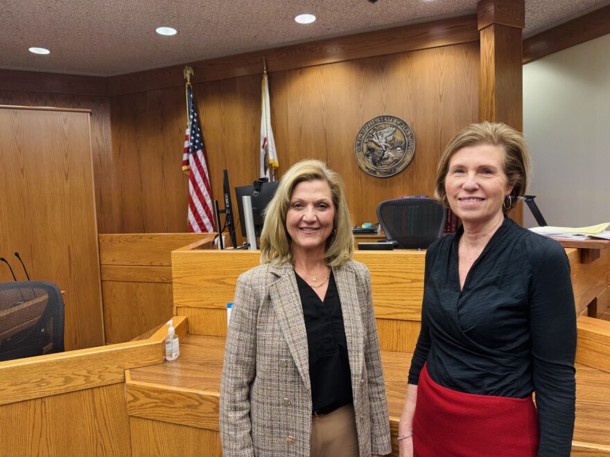 Illinois Supreme Court Justice Mary K. O'Brien, left, tagged along for her colleague Elizabeth Rochford's trip to McLean County, part of Rochford's effort to visit every judicial circuit. Rochford is encouraging Illinois judges to advocate for their work to build transparency and trust within their communities.