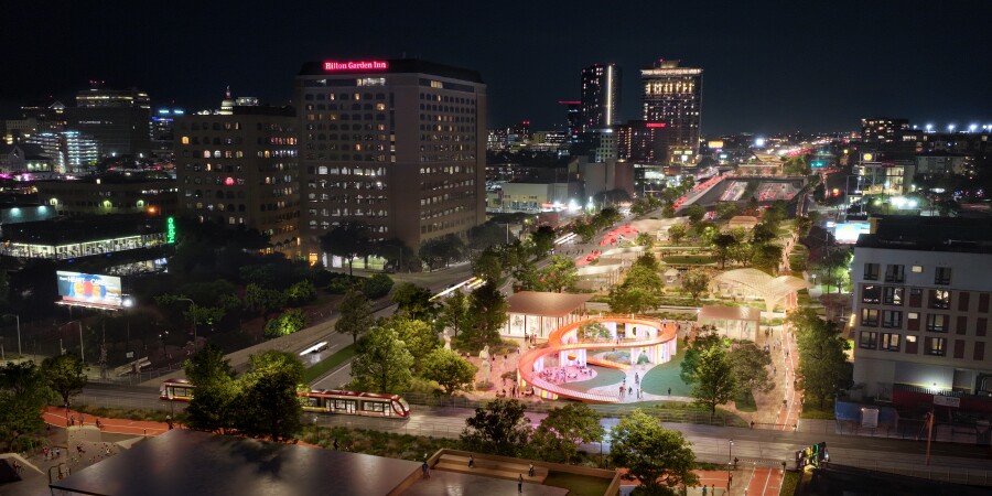 A rendering of a deck installed over Interstate 35 between Fourth and Seventh Streets. This highway park would have live music venues and feed off the nightlife buzz of Sixth Street and the Red River area.
