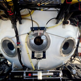 The Pisces V submersible sits on the deck of a research vessel during an expedition to previously unexplored seamounts off the coast of Hawaiʻi Island on Sept. 8, 2016.