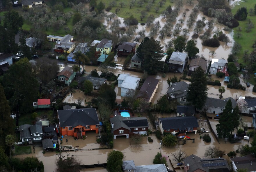 A neighborhood sits in floodwaters near Guerneville.