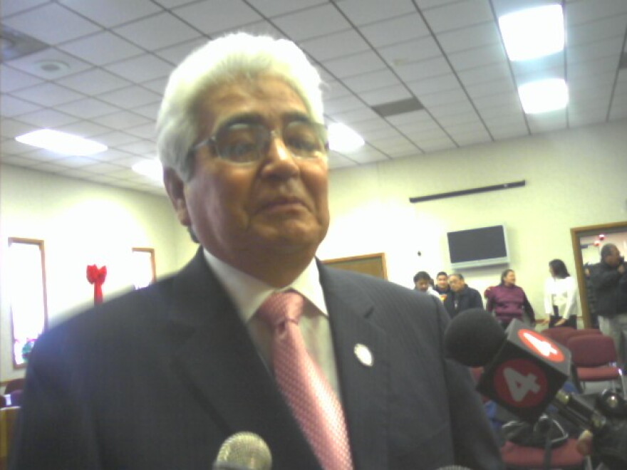 Seneca Nation president Barry Snyder talking with reporters at Seneca's Council chambers in Irving, NY