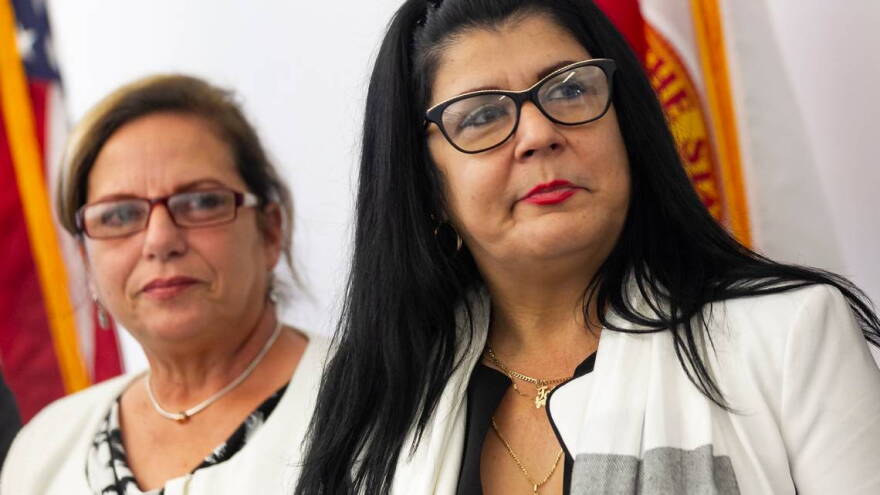Cuban doctors Ramona Matos (left) and Tatiana Caraballo at press conference Friday in Doral announcing the suit against the Pan-American Health Organization.