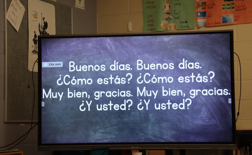 Students in Manchester's language immersion program learn to say "Good morning" and 'How are you?" in Spanish.