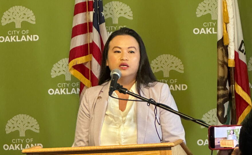 Oakland Mayor Sheng Thao addresses the media at Monday's City Hall press conference