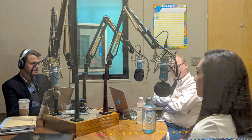 Gavin Jackson (l) speaks with Jamie Lovegrove and Meg Kinnard (r) in the South Carolina Public Radio studios on Monday, April 23, 2018.